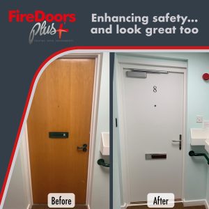 Single flat entrance fire door before and after installation