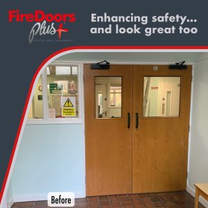 Reception area double fire doors before replacement