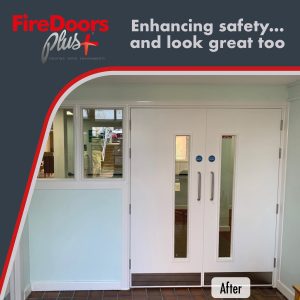 Reception area double fire door installation - white