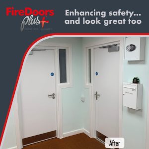 Flat entrance Fire Doors with narrow side screens installation - white