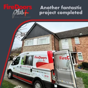 Fire Doors Plus van parked outside residential project
